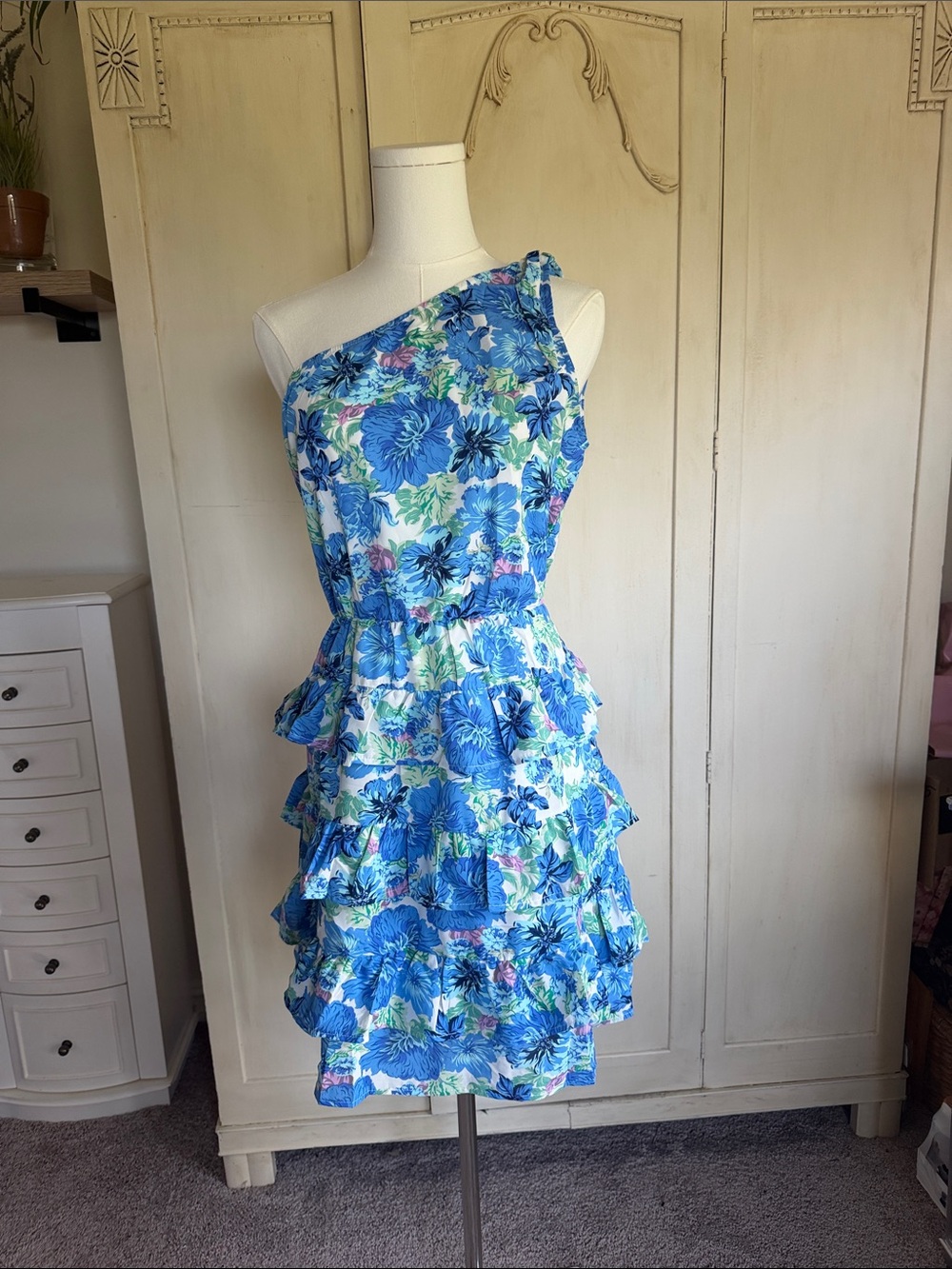 One-Shoulder Blue Floral Ruffle Tiered Dress